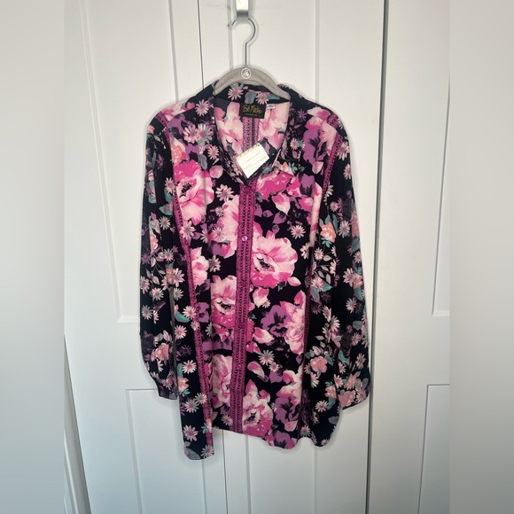Bob Mackie Wearable Art NWT Pink Black Floral Button Down Blouse Women’s Plus 2X - Picture 1 of 6